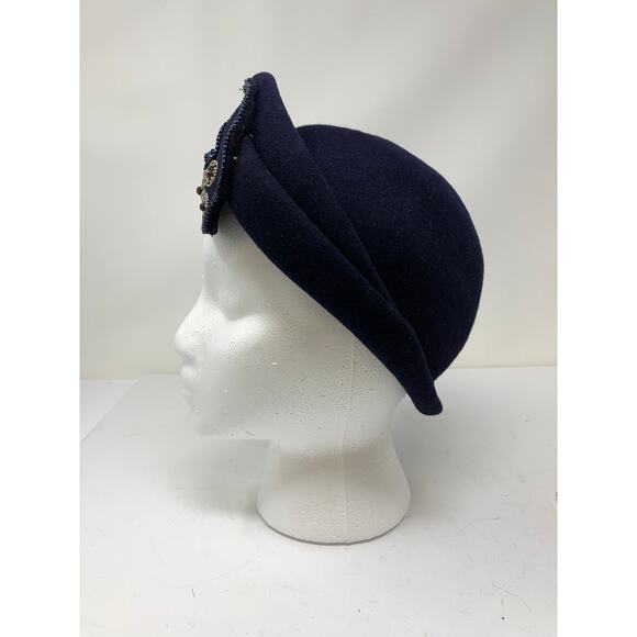 Vintage The Halle Bros Co Sculptural Hat Navy Blue Wool Beaded Front Detail main image 6